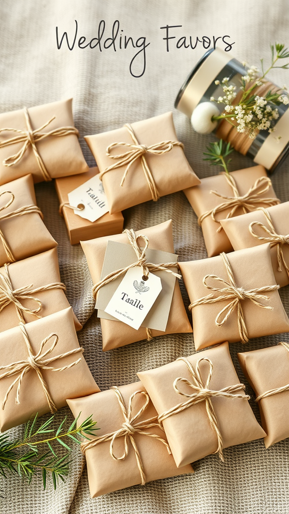 35 Earth Tone Wedding Ideas That'll Make Your Guests Go 'Wow!' (Don't Miss #10!) Image of beautifully wrapped wedding favors in earth tones, tied with twine and featuring a small tag.