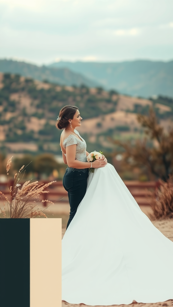 35 Earth Tone Wedding Ideas That'll Make Your Guests Go 'Wow!' (Don't Miss #10!) Bride wearing a white dress and jeans, standing in an outdoor setting with mountains in the background.