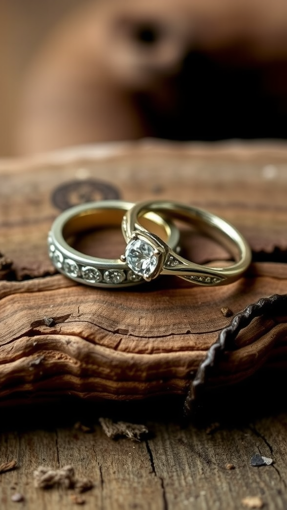 35 Earth Tone Wedding Ideas That'll Make Your Guests Go 'Wow!' (Don't Miss #10!) Two wedding rings with earthy tones resting on a wooden surface