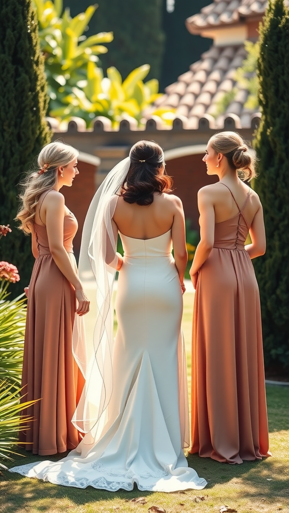 35 Earth Tone Wedding Ideas That'll Make Your Guests Go 'Wow!' (Don't Miss #10!) Brides and bridesmaids in earthy-toned dresses standing outdoors