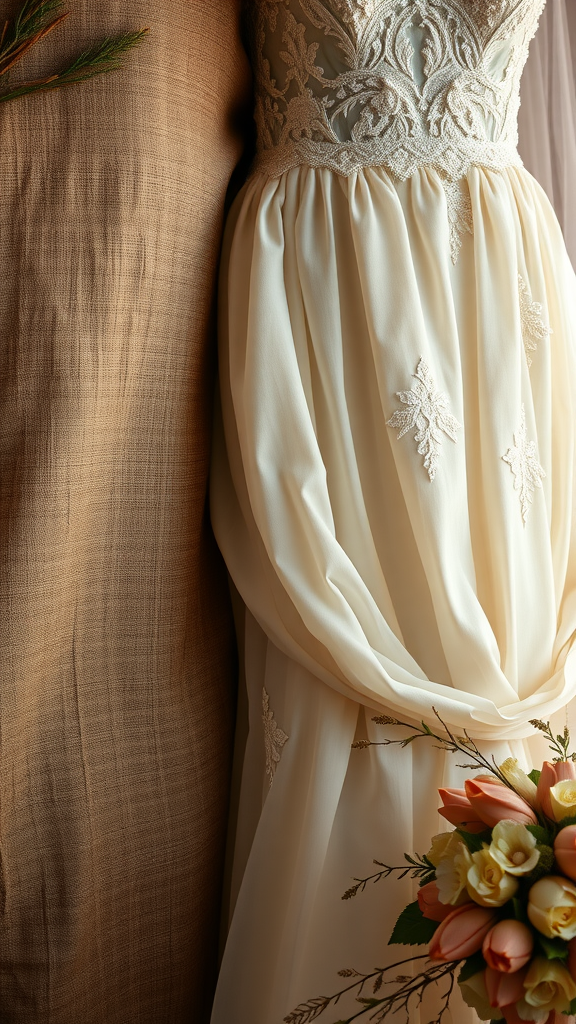 35 Earth Tone Wedding Ideas That'll Make Your Guests Go 'Wow!' (Don't Miss #10!) A wedding dress with earthy textures next to a burlap background, accompanied by a floral bouquet.
