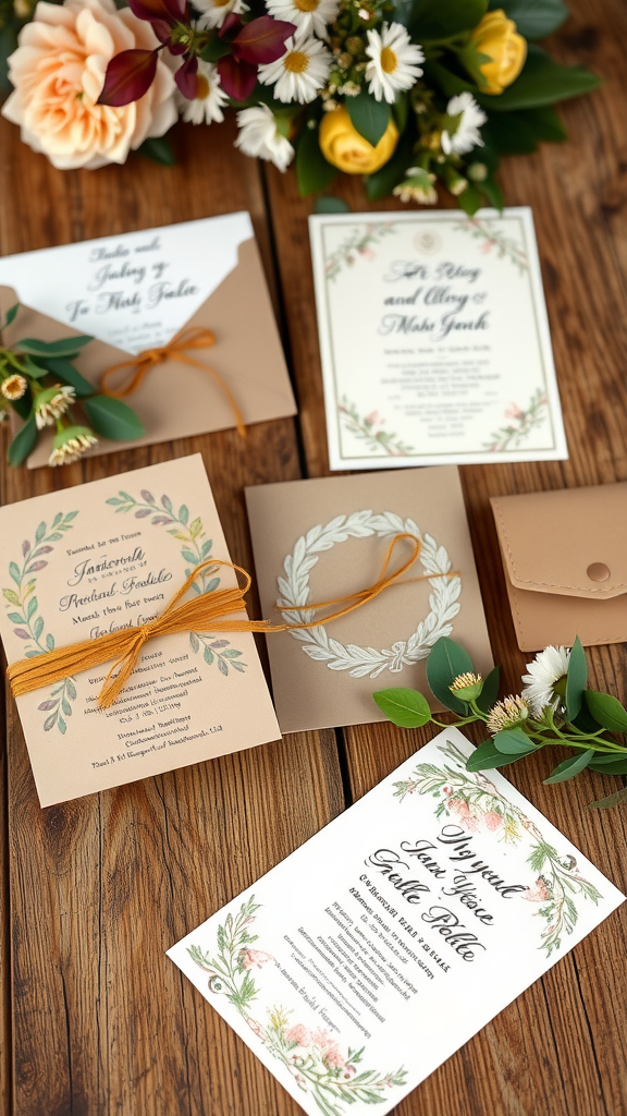 25 Adorable Ideas for a Boho Themed 1st Birthday Party for Girls A collection of earthy toned party invitations with floral designs, ribbons, and a bouquet on a wooden table.