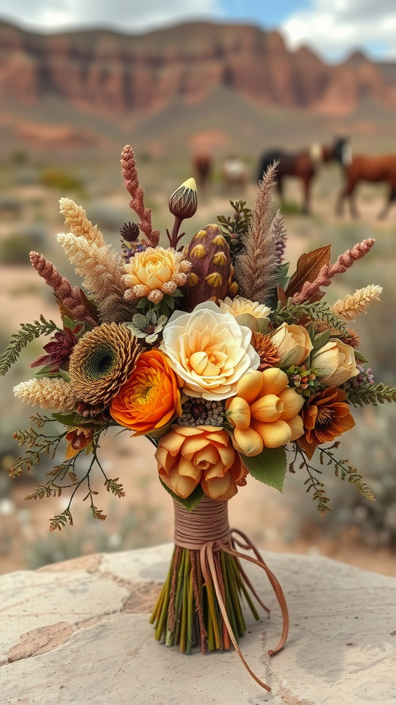 25 Cowboy Wedding Flowers That Will Make Planning a Breeze! A vibrant bouquet of flowers in earthy tones, featuring oranges, creams, and greens, set against a rustic landscape.
