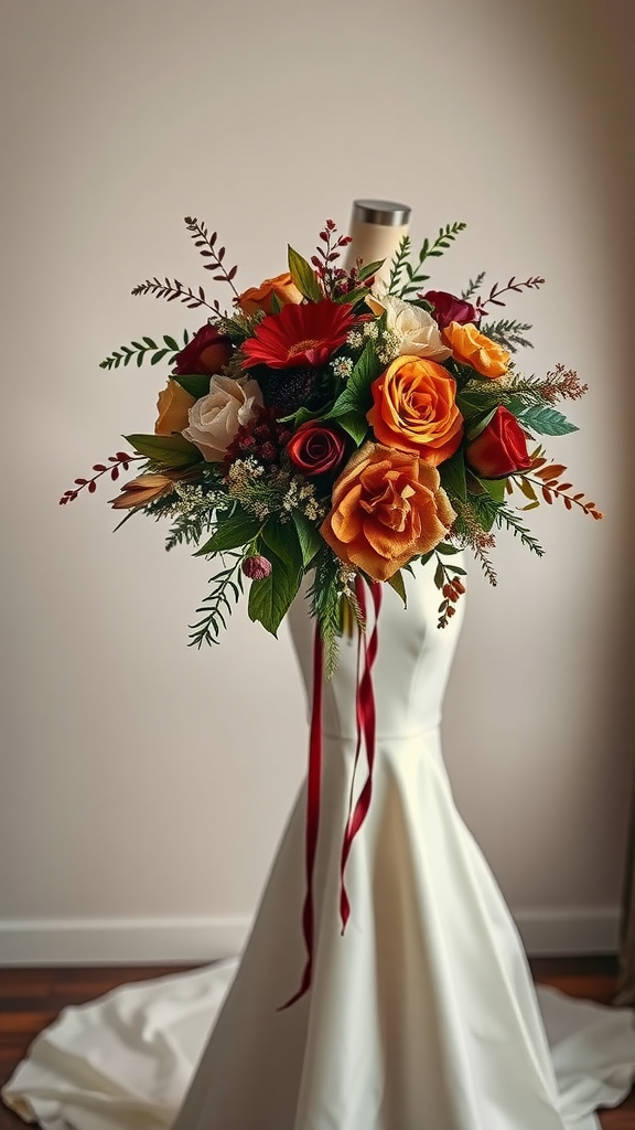 35 Stunning Earth Tone Wedding Bouquets for Your Dream Celebration A vibrant earth tone wedding bouquet featuring roses and greenery, displayed on a dress form.