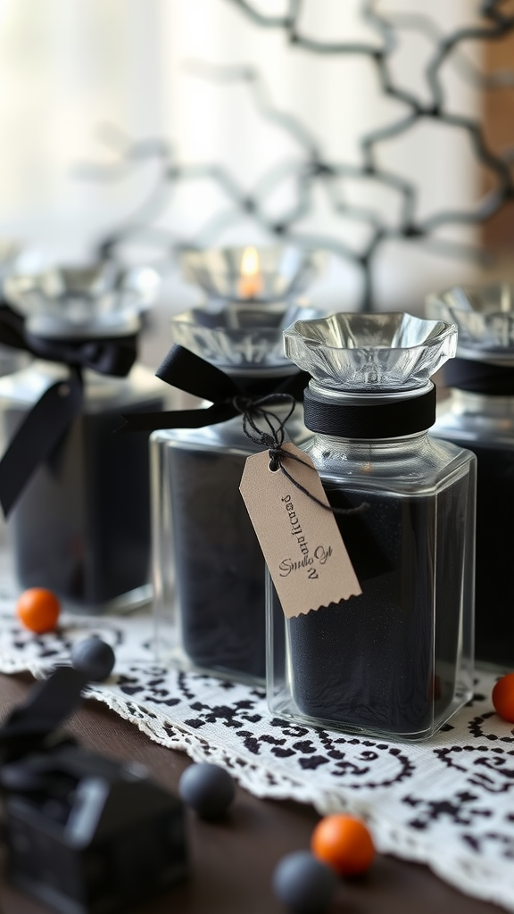 25 Enchanting Dark Romantic Wedding Ideas You’ll Love Elegant black candles in glass jars with decorative tags, set on a lace table runner. Dark Romantic Wedding Ideas