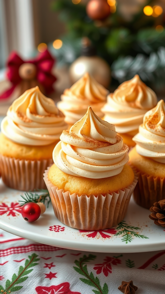 20 Festive Christmas Wedding Cakes and Cupcakes to Delight Your Guests A plate of eggnog flavored cupcakes topped with creamy frosting and nutmeg, set against a festive background.