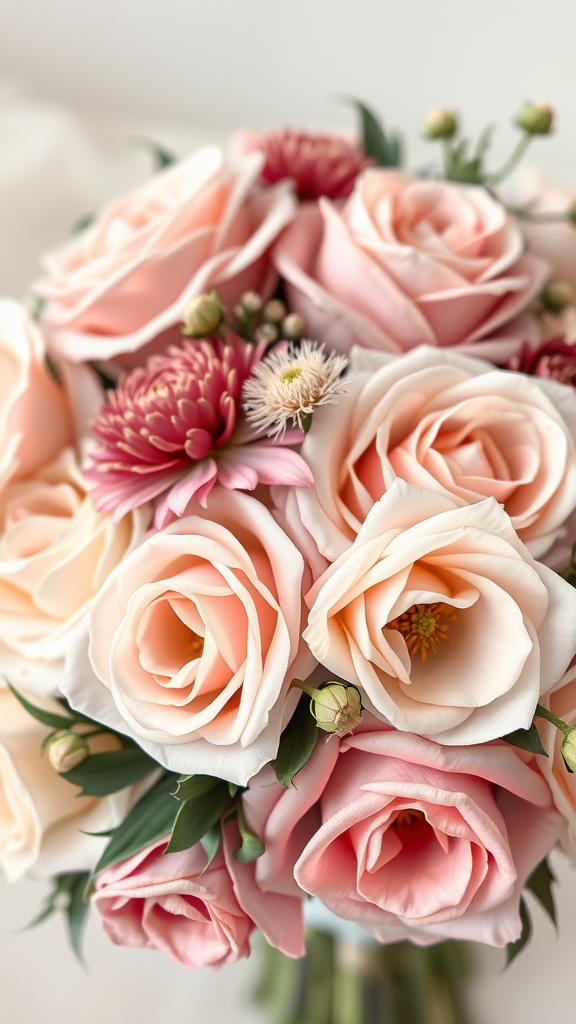 35 Stunning Earth Tone Wedding Bouquets for Your Dream Celebration A bouquet featuring soft blush roses and delicate pink flowers, perfect for an earth tone wedding.