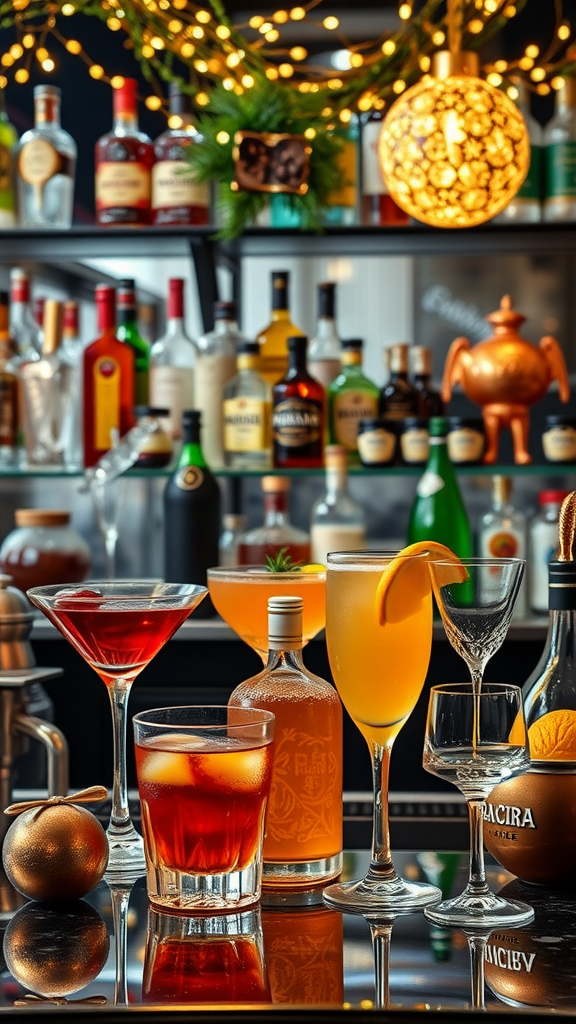 20 Exciting adults New Year's Eve Party Ideas A beautifully arranged cocktail bar with various drinks and festive decorations. adults New Year's Eve Party Ideas