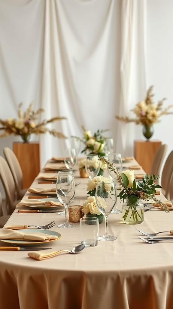 35 Earth Tone Wedding Ideas That'll Make Your Guests Go 'Wow!' (Don't Miss #10!) Table setting for an Earth Tone Wedding featuring beige linens and floral arrangements