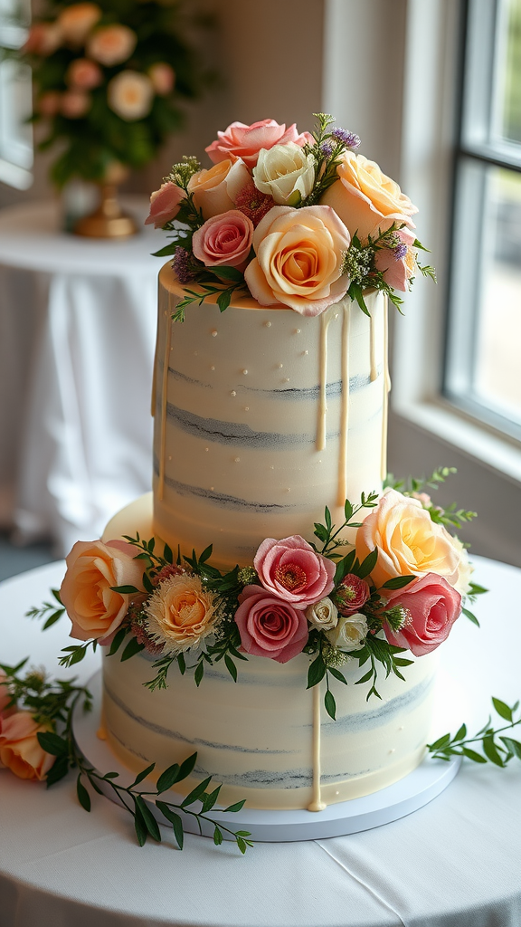 30 Themed Two-Tier Wedding Cakes That Are Totally Unique (Check Out #9!) A two tier wedding cake adorned with pink and peach roses and greenery.