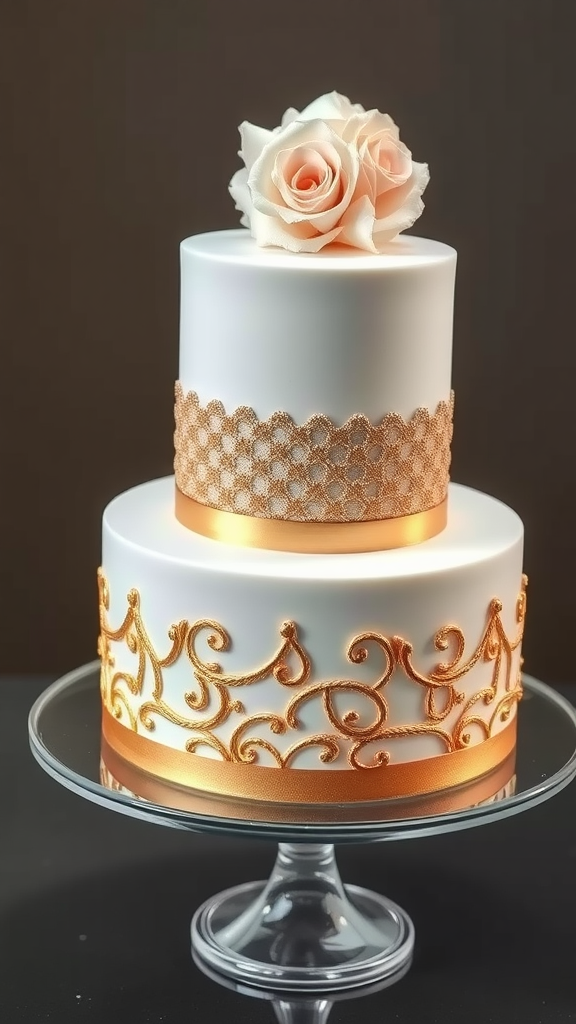 30 Themed Two-Tier Wedding Cakes That Are Totally Unique (Check Out #9!) A two-tier wedding cake with white fondant, golden accents, and blush roses on top.