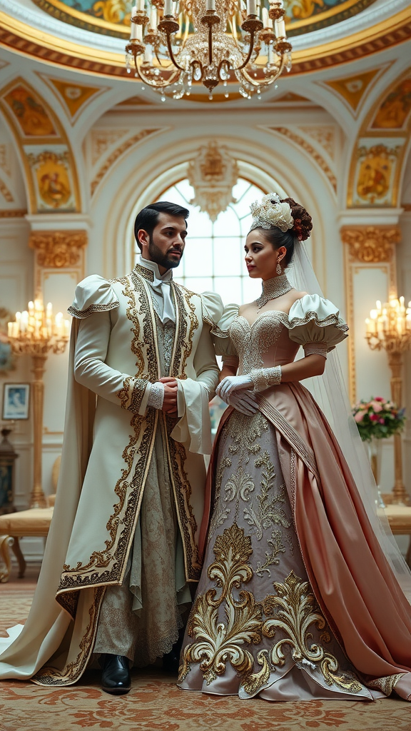 35 Rococo Wedding Inspiration Ideas That Will Make Your Heart Skip a Beat (Don't Miss #10!) A couple dressed in Rococo-inspired wedding attire, showcasing intricate designs and elegant fabrics in a lavish setting.