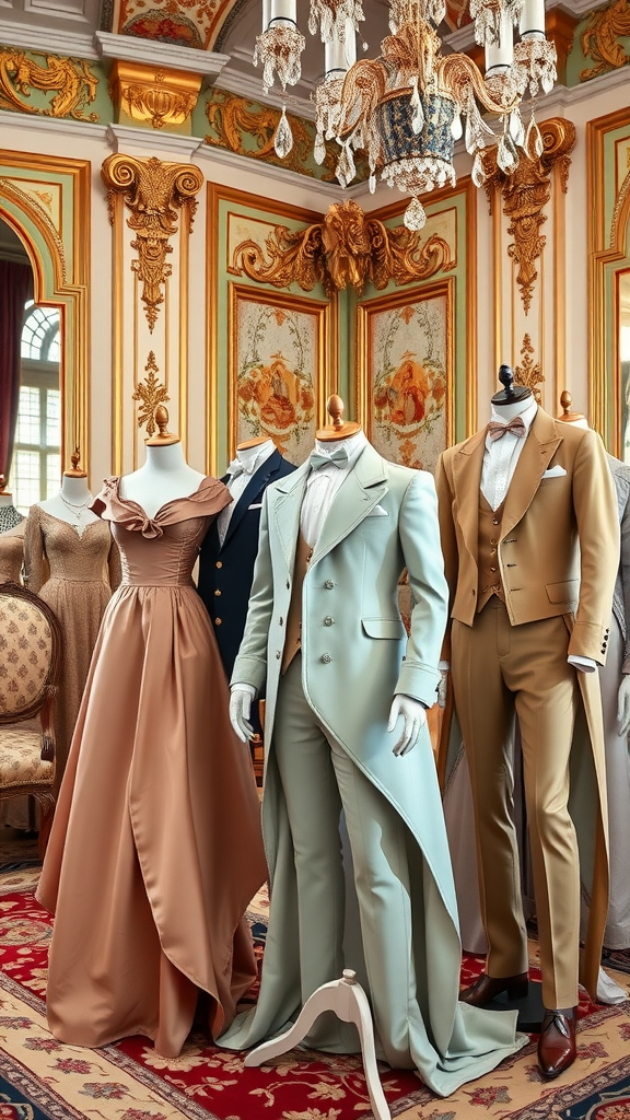 35 Stunning Ideas for a Rococo Party Display of Rococo-inspired attire featuring elegant gowns and suits in a beautifully decorated room.