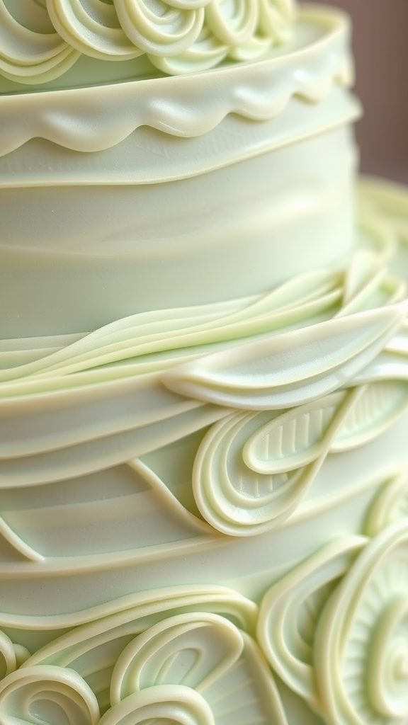 15 Elegant Sage Green Wedding Cake Ideas for Your Perfect Day A close-up of a beautifully decorated sage green wedding cake with intricate frosting designs.