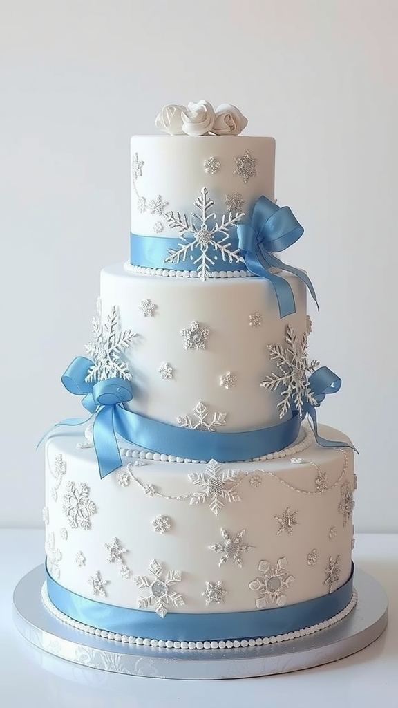 20 Festive Christmas Wedding Cakes and Cupcakes to Delight Your Guests Three-tiered winter cake decorated in silver and blue with snowflakes and roses. Christmas Wedding Cakes and Cupcakes