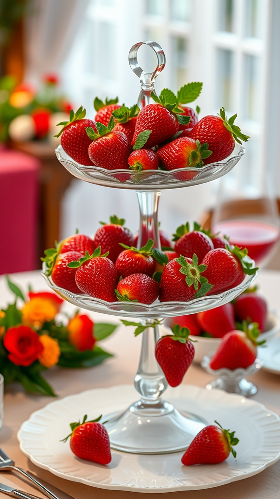 25 Creative Strawberry Centerpiece Ideas for Every Occasion A tiered display of fresh strawberries on a table. Strawberry Centerpiece Ideas