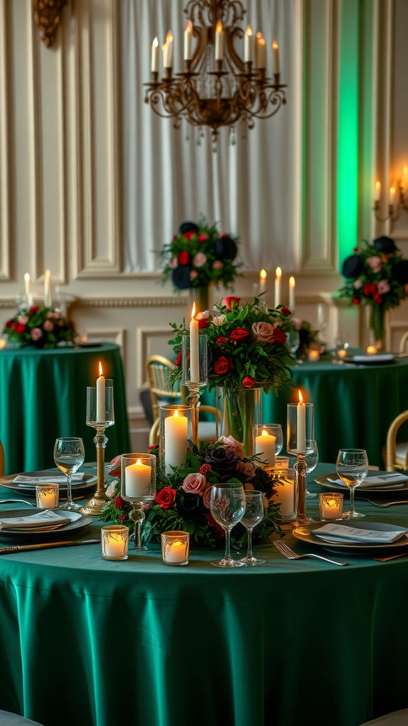 20 Enchanting Dark Romantic Wedding in Emerald Green Ideas Elegant table setting with emerald green tablecloth, candlelight, and floral arrangements