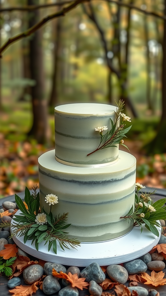 15 Elegant Sage Green Wedding Cake Ideas for Your Perfect Day A two-tier sage green wedding cake decorated with greenery and flowers, placed on a wooden table surrounded by stones and leaves in a forest setting.