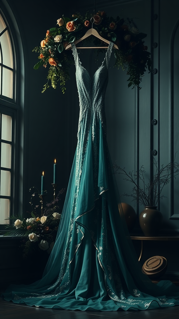 20 Enchanting Dark Romantic Wedding in Emerald Green Ideas Emerald green bridal gown displayed with floral decor and candles