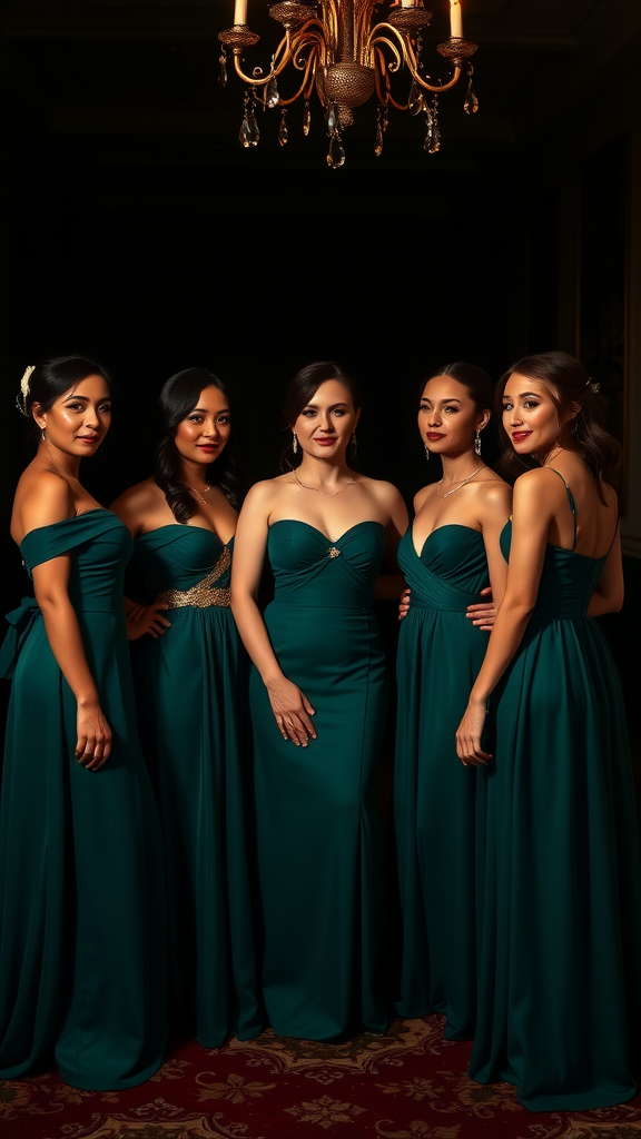 20 Enchanting Dark Romantic Wedding in Emerald Green Ideas Group of bridesmaids wearing emerald green dresses in a warmly lit setting