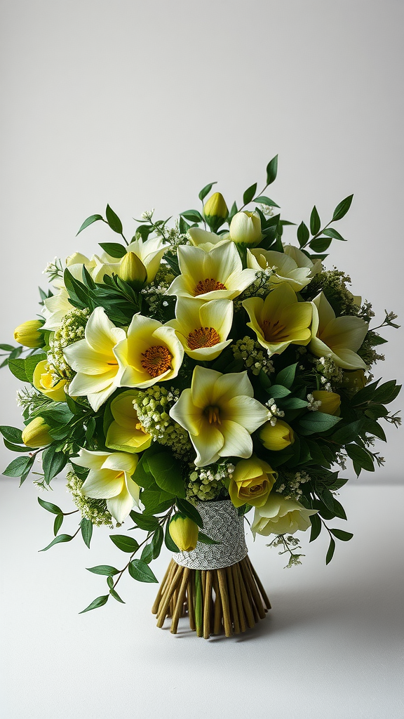 35 Olive Green Wedding Ideas You Haven't Seen Yet (Prepare to Be Inspired!) A bouquet featuring yellow flowers and olive green leaves, showcasing a mix of vibrant blooms and lush greenery.