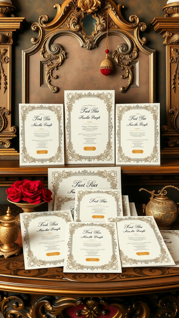 35 Rococo Wedding Inspiration Ideas That Will Make Your Heart Skip a Beat (Don't Miss #10!) An elegant display of Rococo-style wedding invitations with intricate designs and red roses.