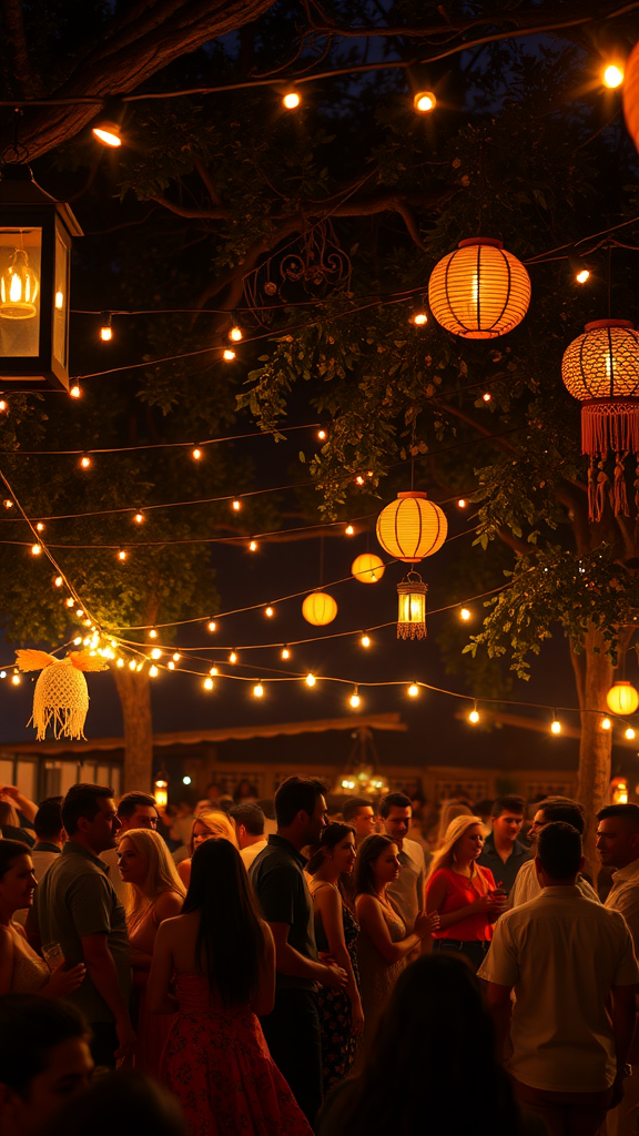 25 Creative Ideas for a Boho 50th Birthday Party Celebration A vibrant outdoor party illuminated by string lights and lanterns, with guests enjoying the atmosphere.