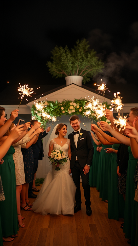 20 Enchanting Dark Romantic Wedding in Emerald Green Ideas A happy couple celebrating their wedding send-off surrounded by guests holding sparklers.