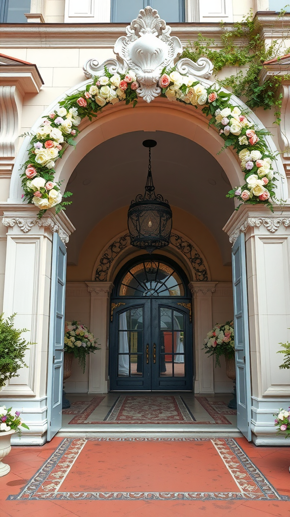 35 Rococo Wedding Inspiration Ideas That Will Make Your Heart Skip a Beat (Don't Miss #10!) An ornate entrance with a floral arch and elegant doors, embodying Rococo design.