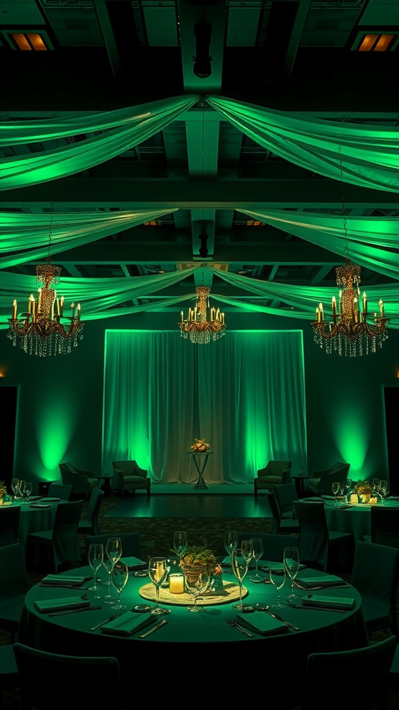20 Enchanting Dark Romantic Wedding in Emerald Green Ideas An elegantly decorated event space with emerald green lighting and chandeliers, perfect for a dark romantic wedding.