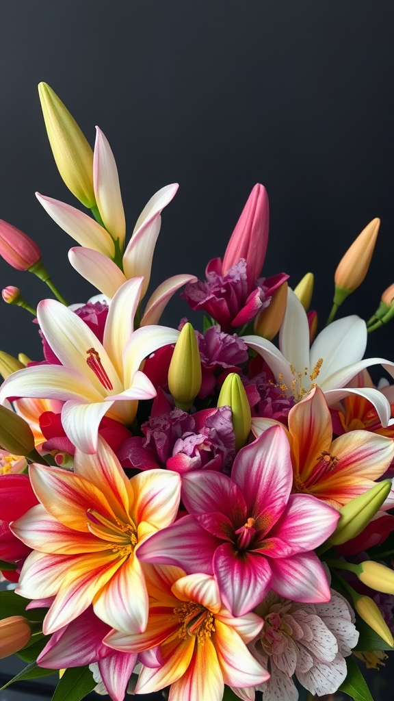 35 Stunning Earth Tone Wedding Bouquets for Your Dream Celebration A vibrant bouquet featuring exotic blooms, including pink and orange lilies, against a dark backdrop.