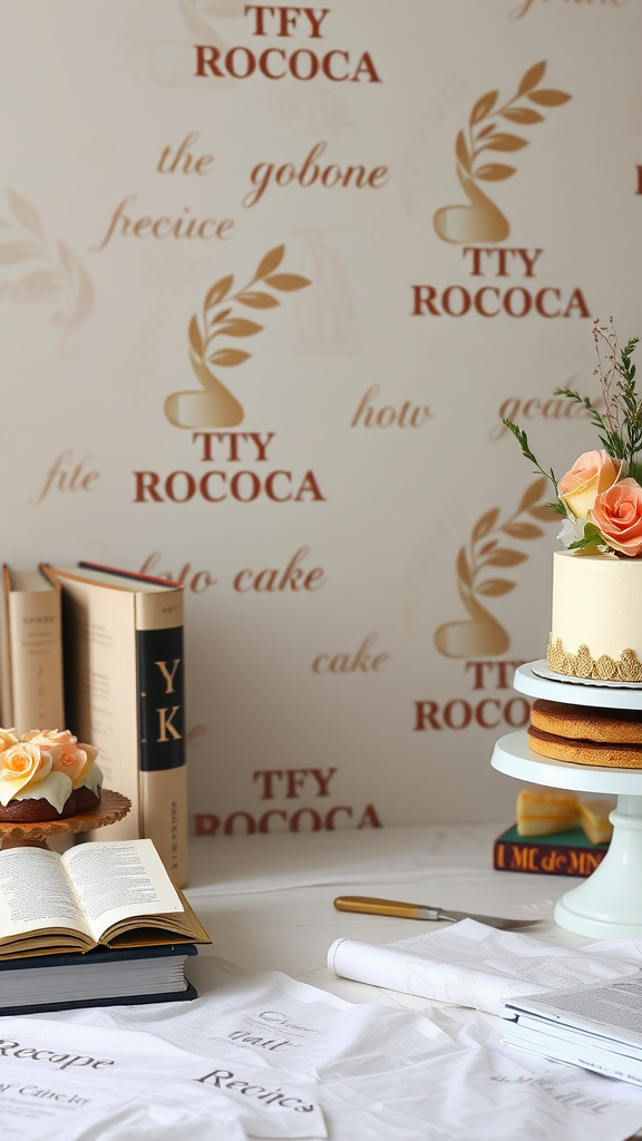 35 Exquisite Rococo Cakes for Your Next Celebration A beautifully decorated Rococo cake next to open books and a stylish background featuring the word 'Rococo'.