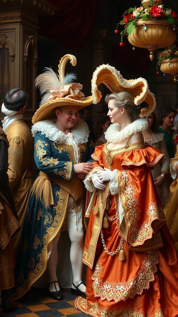 35 Stunning Ideas for a Rococo Party A Rococo Party scene featuring a man in an ornate outfit with a large feathered hat and a woman in a vibrant orange gown with a dramatic collar.