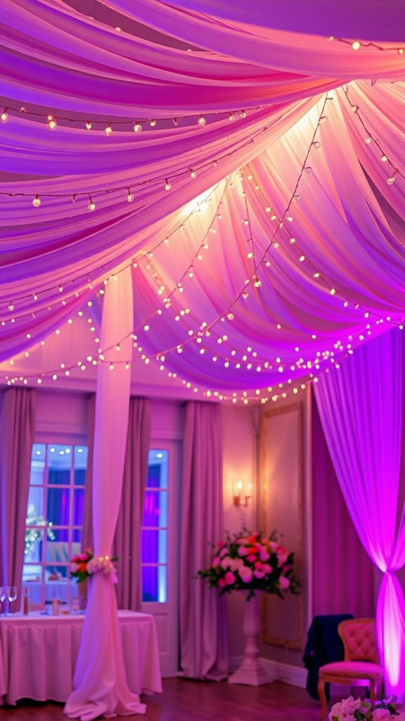 25 Adorable Ideas for a Boho Themed 1st Birthday Party for Girls Ceiling decorated with draped fabric and string lights in soft pink and purple hues