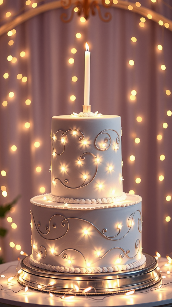 30 Themed Two-Tier Wedding Cakes That Are Totally Unique (Check Out #9!) A beautifully decorated two-tier wedding cake with fairy lights in the background.