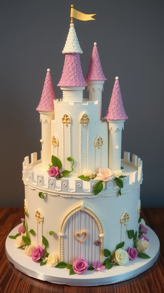 30 Themed Two-Tier Wedding Cakes That Are Totally Unique (Check Out #9!) A beautifully designed two-tier cake shaped like a fairytale castle with pink turrets and floral decorations.