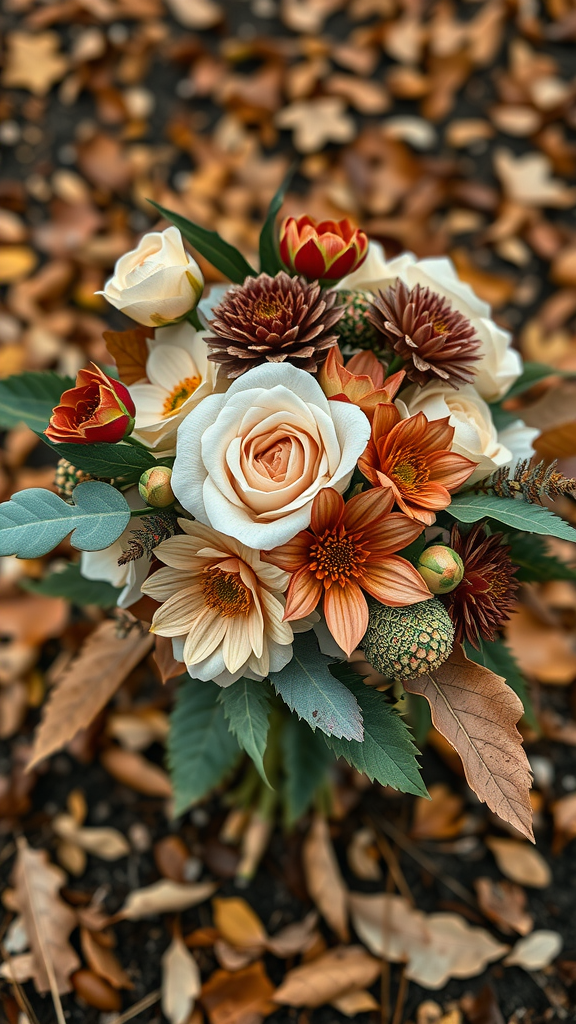 35 Stunning Earth Tone Wedding Bouquets for Your Dream Celebration A bouquet featuring roses, daisies, and chrysanthemums in earth tones, surrounded by fallen leaves. Earth Tone Wedding Bouquets