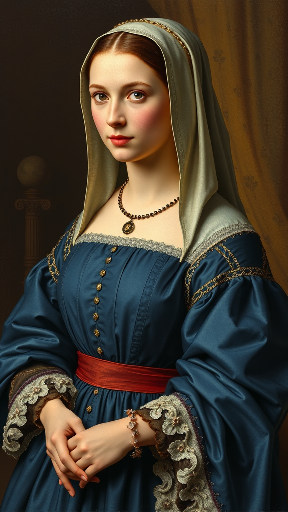 15 Stunning Blue Medieval Dresses for Your Next Event Portrait of a woman in a blue medieval dress with intricate details and accessories.