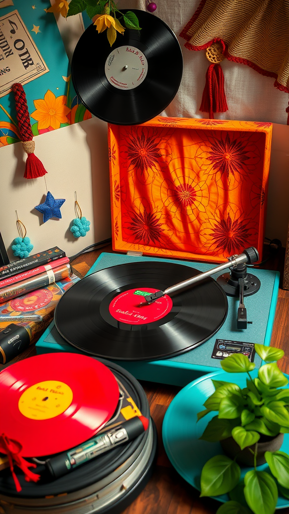 25 Creative Ideas for a Boho 50th Birthday Party Celebration A vibrant boho-themed music setup with records, a turntable, and colorful decorations
