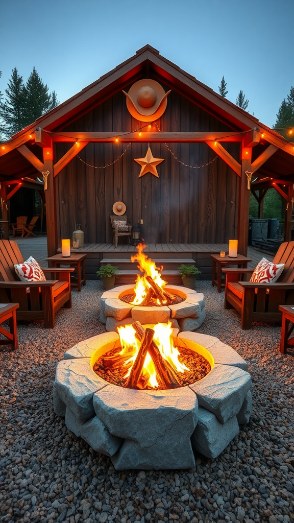 25 Creative Ideas for a Cowboy-Themed Wedding Celebration A cozy fire pit area with two fire pits surrounded by wooden chairs, decorated with cowboy-themed elements.
