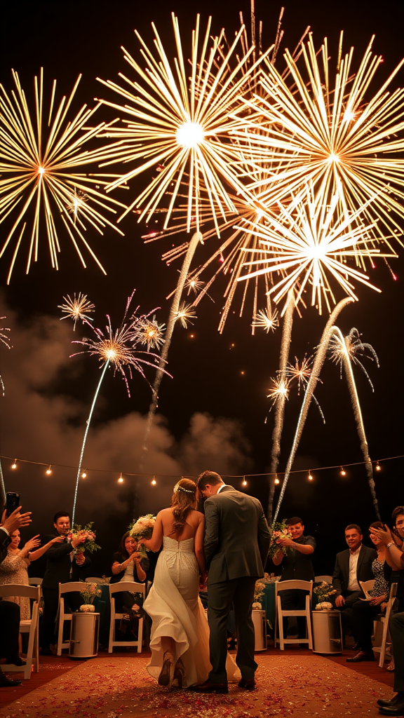 15 Creative Cowboy Wedding Entrance Ideas to Wow Your Guests A couple stands together under a vibrant fireworks display at their wedding, surrounded by family and friends. Cowboy Wedding Entrance