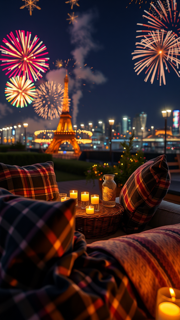 20 Exciting adults New Year's Eve Party Ideas A cozy setting with pillows and candles overlooking the Eiffel Tower and fireworks in the night sky.
