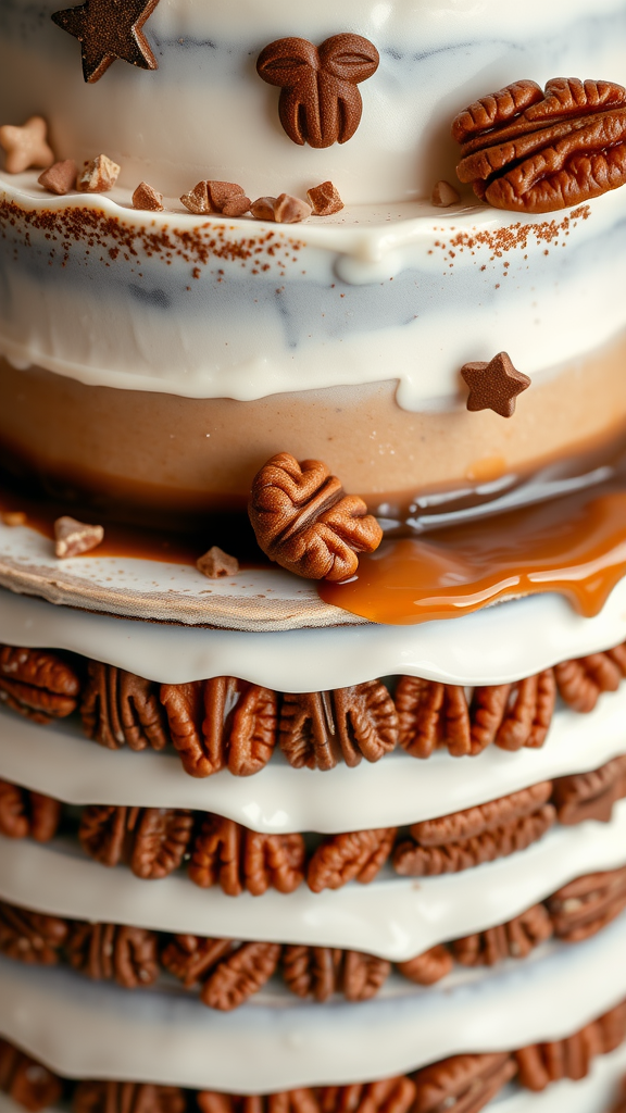 25 Cowboy Wedding Cake Ideas to Inspire Your Rustic Celebration A beautifully decorated cowboy wedding cake with layers of cream and chocolate accents, topped with pecans and star-shaped decorations.