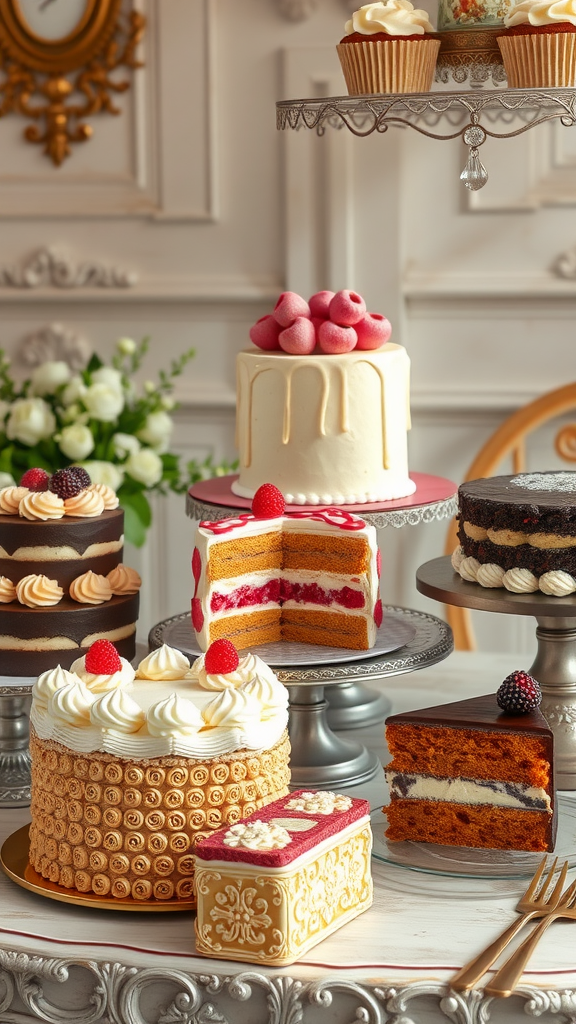 35 Exquisite Rococo Cakes for Your Next Celebration A variety of beautifully decorated cakes on a decorative cake stand, showcasing the elegance of a Rococo style dessert table.