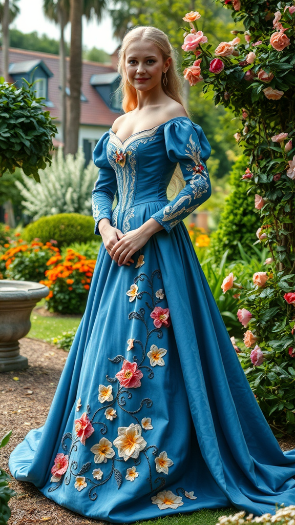 15 Stunning Blue Medieval Wedding Dresses for Your Fairytale Day A woman in a blue medieval wedding dress with floral embellishments, standing in a colorful garden.