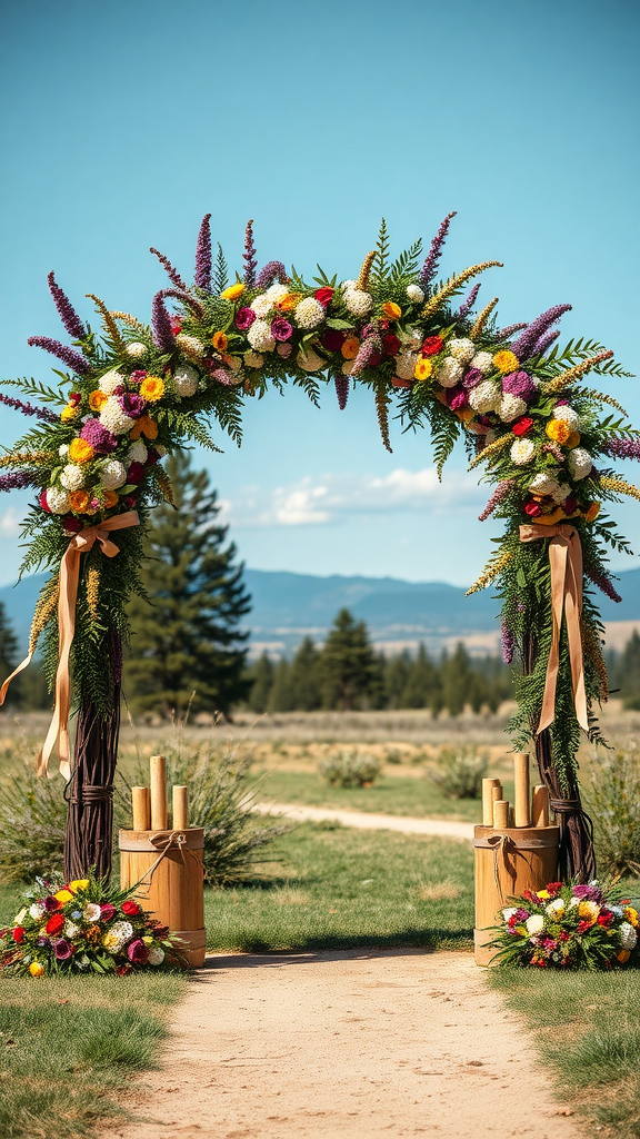 25 Cowboy Wedding Flowers That Will Make Planning a Breeze! Colorful floral archway with greenery and wooden accents for an outdoor ceremony. Cowboy Wedding Flowers