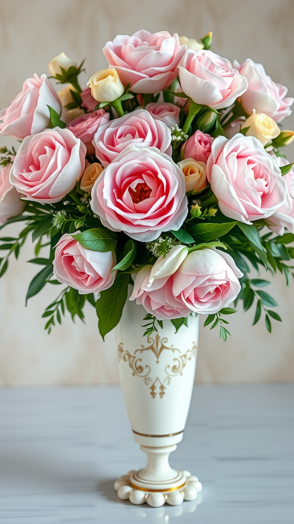 35 Rococo Wedding Inspiration Ideas That Will Make Your Heart Skip a Beat (Don't Miss #10!) A beautiful floral arrangement featuring pink roses and yellow buds in an elegant vase with gold detailing.
