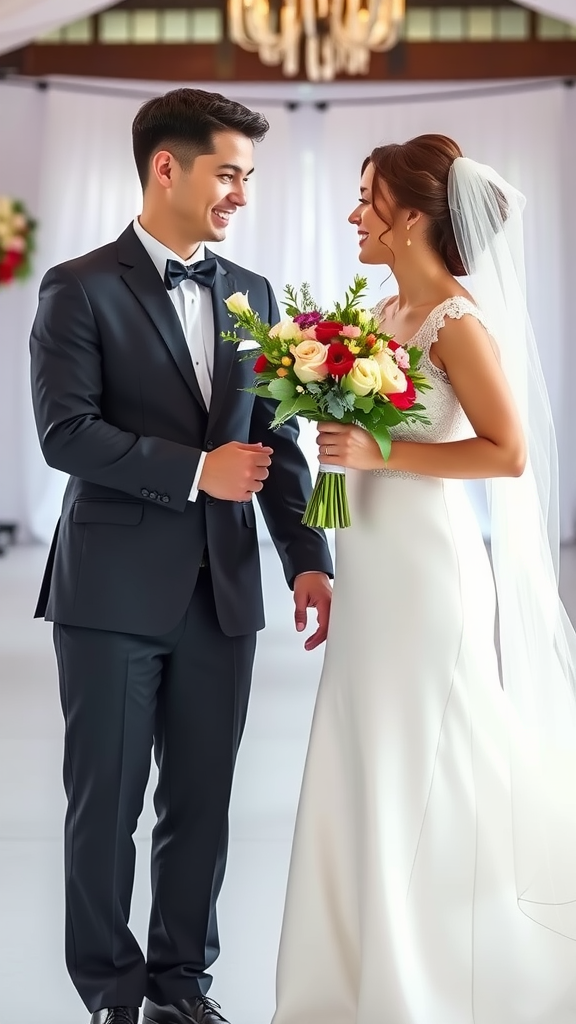 15 Creative Cowboy Wedding Entrance Ideas to Wow Your Guests A bride and groom smiling at each other in a wedding venue. The bride holds a colorful bouquet of flowers, while the groom wears a black suit with a bow tie. Cowboy Wedding Entrance