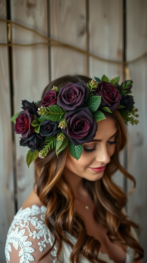 25 Enchanting Dark Romantic Wedding Ideas You’ll Love A woman wearing a floral crown made of dark roses and greens, with a soft smile and flowing hair. Dark Romantic Wedding Ideas