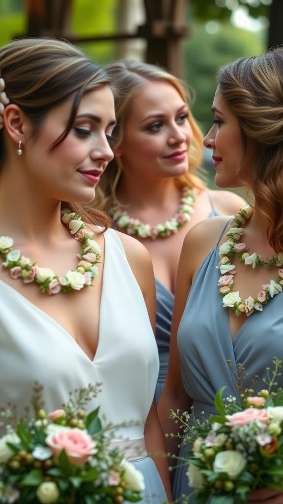 25 Cowboy Wedding Flowers That Will Make Planning a Breeze! Three bridesmaids wearing floral necklaces and holding bouquets, smiling together. Cowboy Wedding Flowers
